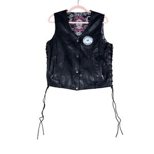 Hot Leathers Women Black Genuine Leather Biker Vest Sugar Skull Lining Cowboy M